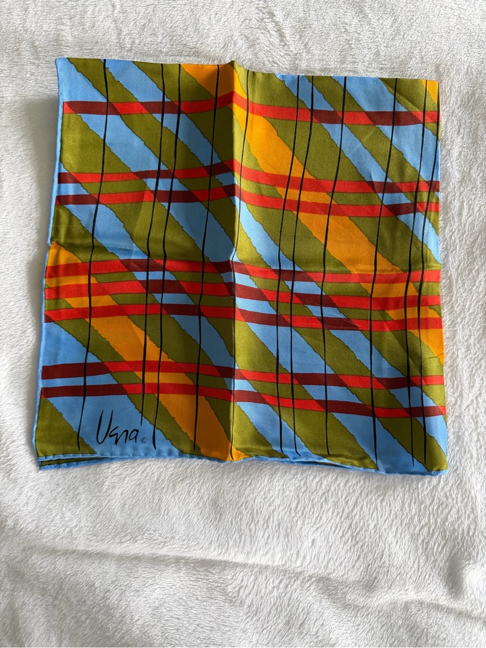 Vera Neumann Inspired Blue, Green & Orange Geometric Silk Scarf